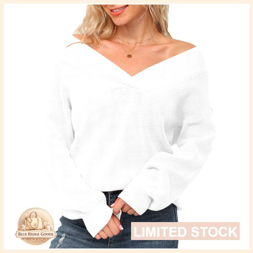 Off Shoulder V-Neck Pullover Sweater Long Sleeve Loose Knit Top